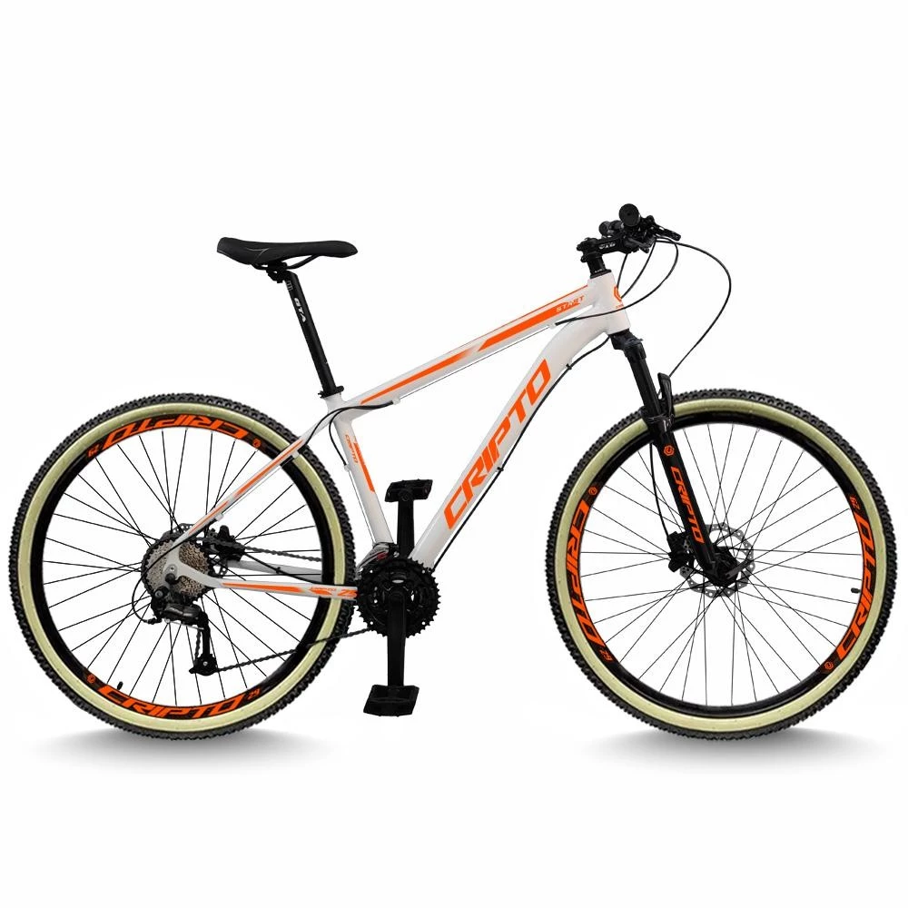 Bicicleta Aro 29 Cripto 24 Marchas Freios Disco e Suspensão Pneu Bege