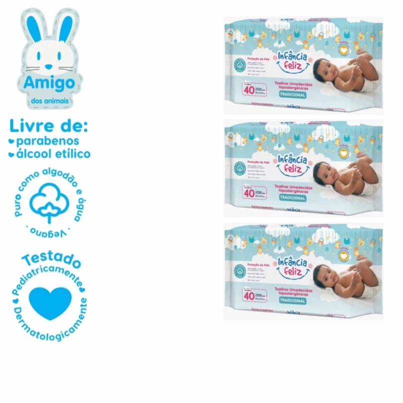 Kit 03 Pacotes Toalhas Umedecidas INFÂNCIA FELIZ – 40 Folhas 20×12 cm.