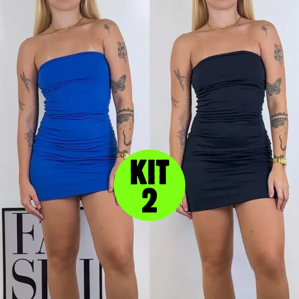 Kit 2 Vestido Midi Suplex Curto Tubinho Tomara que Caia Blogueirinha Moderna Justo Confortável.