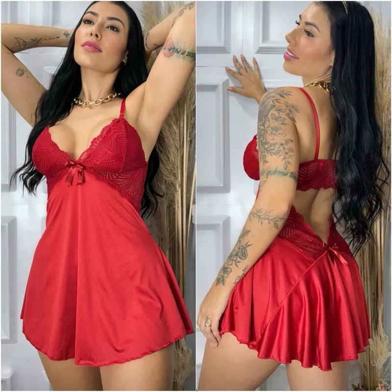 Camisola Sexy Renda Feminina Lingerie Sensual Noite Romântica Babydoll de Dormir Luxo.