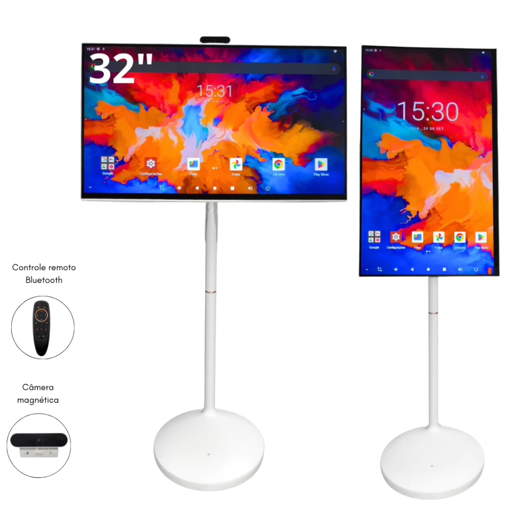 Monitor Touch 32″ Full HD com Pedestal, Wi-Fi, Bluetooth, Comando de Voz, Câmera Magnética IA e Multitoque.